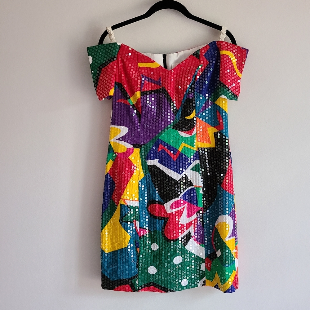 Vintage Multicolor Sequin Off-Shoulder Cocktail Dress